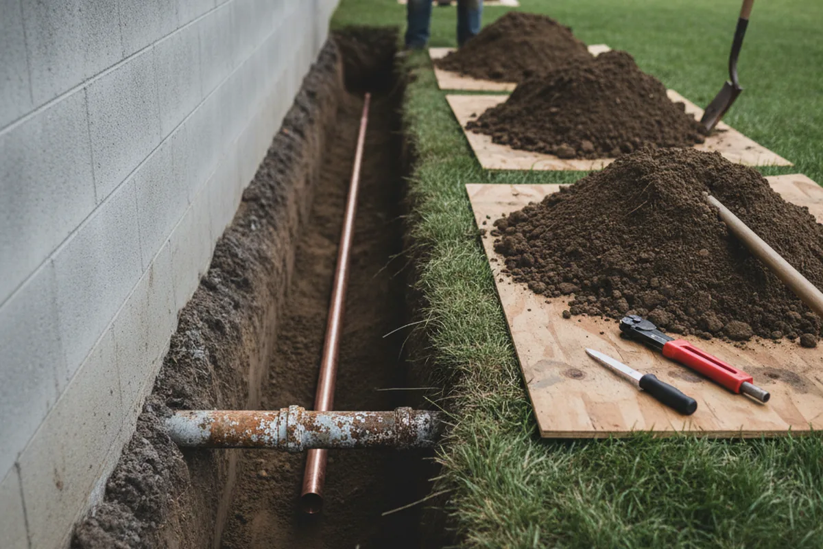 Excavated water line trench during Water Heater Repair in Steptoe